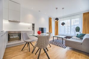 Køkken og stue i et rum der spare plads